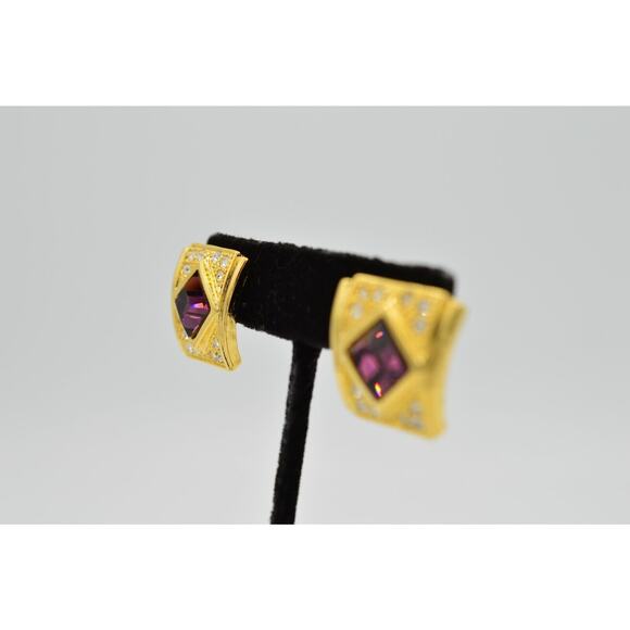 Vintage Crystal Earrings Sparkling Rhinestone Gold Purple NOS 1980s 9G - Picture 5 of 8